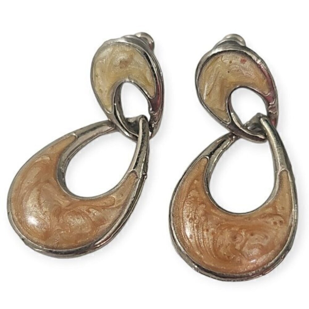 Vintage Earrings Stud Silver‎ Tone Peach Enamel Tear Drop Shape